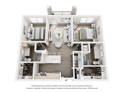 Floor plan for 2 beds, 2 baths, 942 sqft